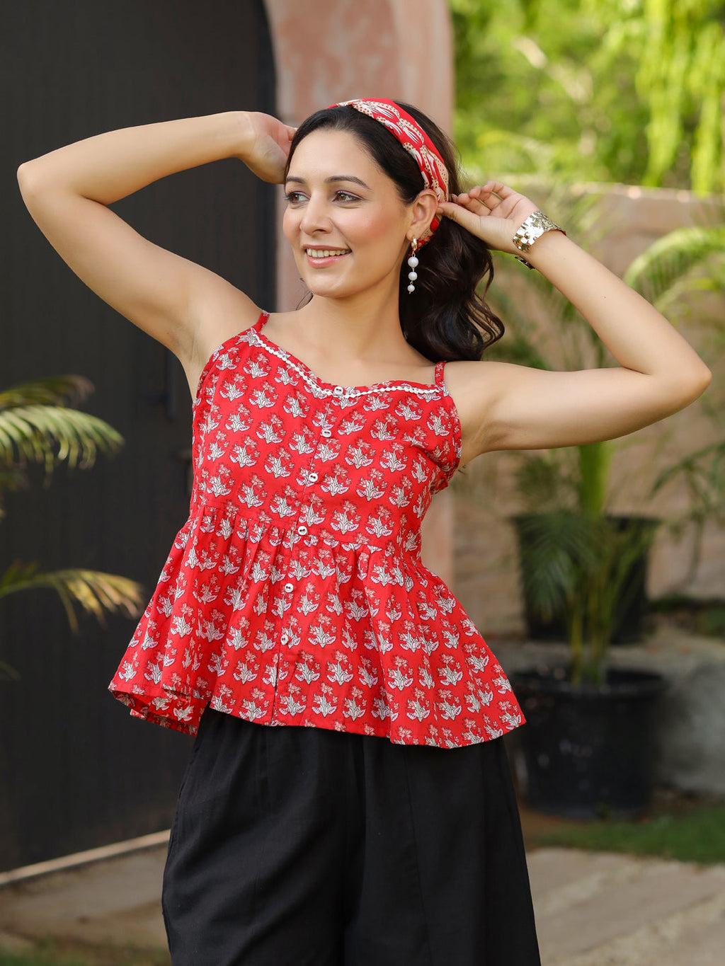 Women Ethnic Motifs Print Shoulder Straps Peplum Top
