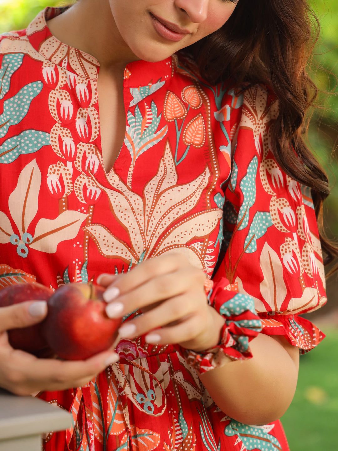 Women Floral Print Puff Sleeve Pure Cotton Fit & Flare Midi Dress