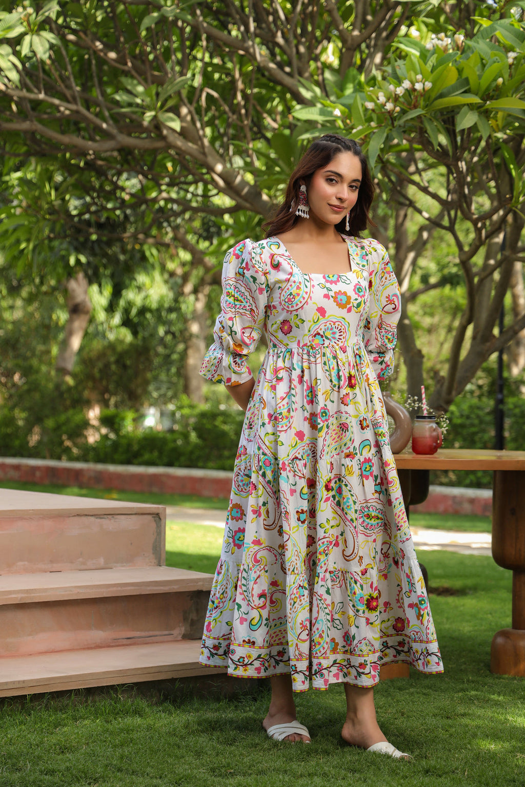 Ethnic Motifs Printed Puff Sleeves Pure Cotton Midi Dress