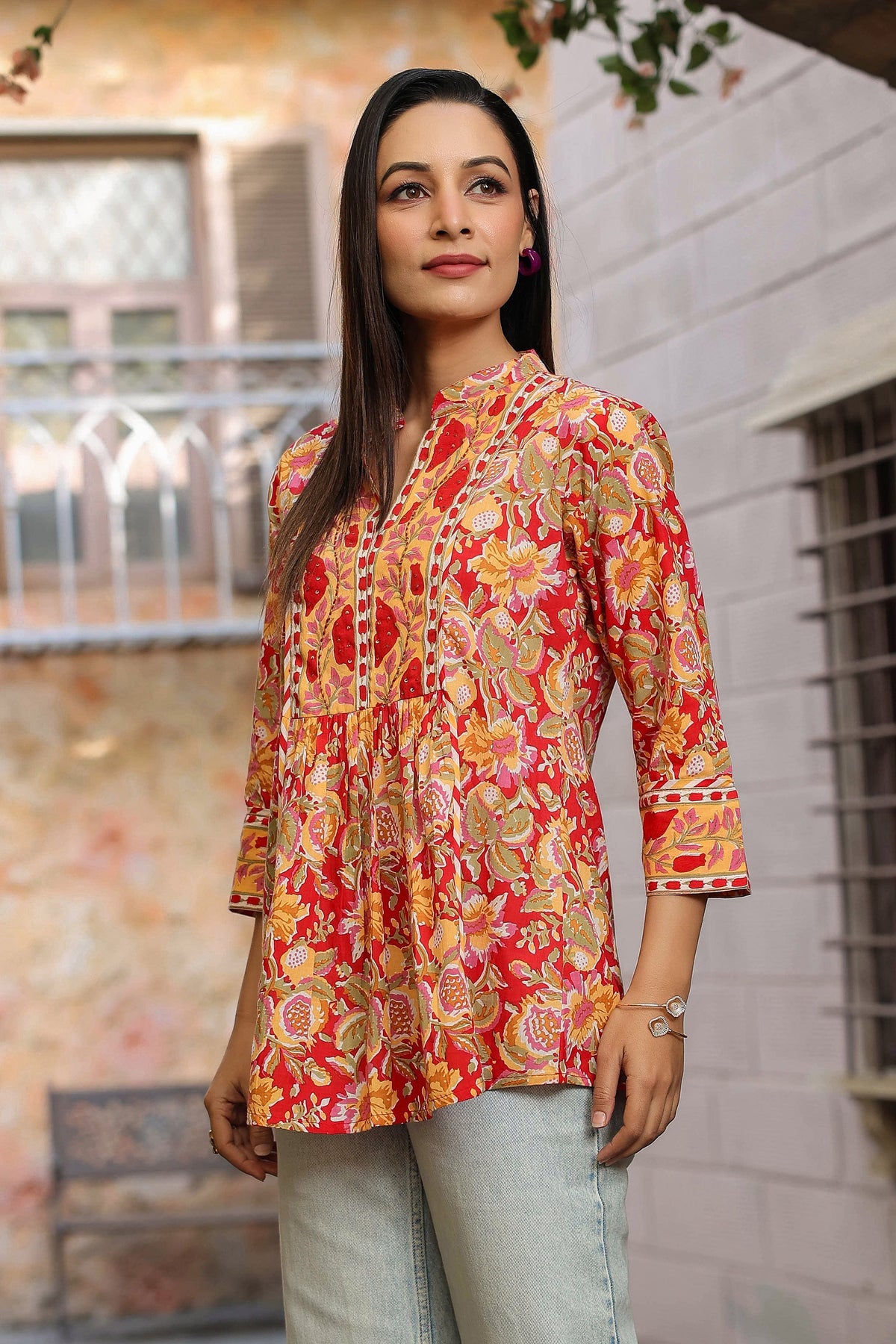 Floral Printed Mandarin Collar Cotton Peplum Top