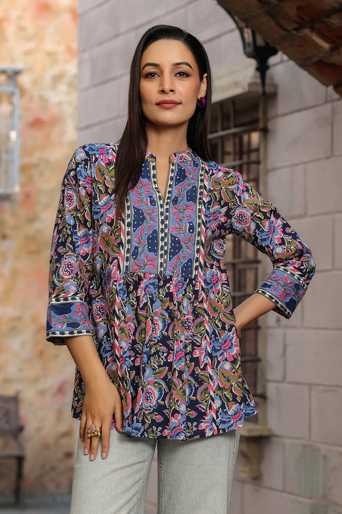 Floral Print Mandarin Collar Cotton Top