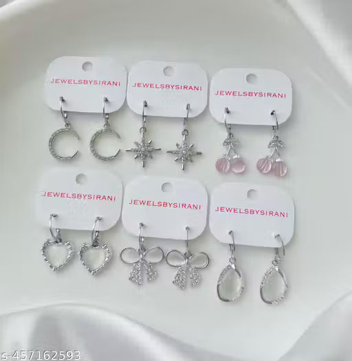 Jewelsbysirani Pack of 6 Stunning Shining Stylish Trendy AD Silver Charm Round Hoop Earrings For Women And Girls | Accessories | Gift | Korean | Minimal | Jhumka | Earrings | Aesthetic Jewellery