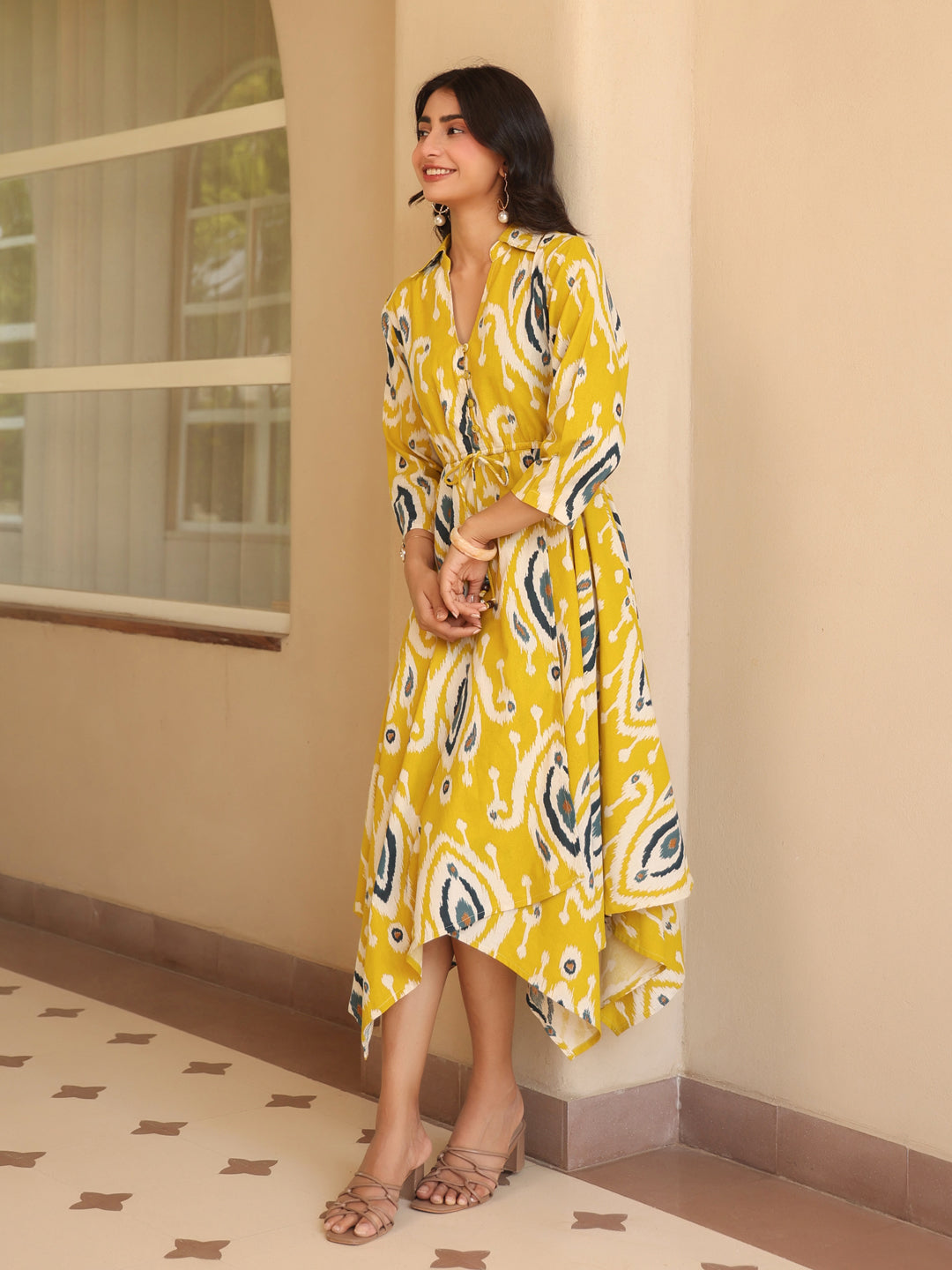 Womens Printed Shirt Collar Fit & Flare Ethnic Dresses