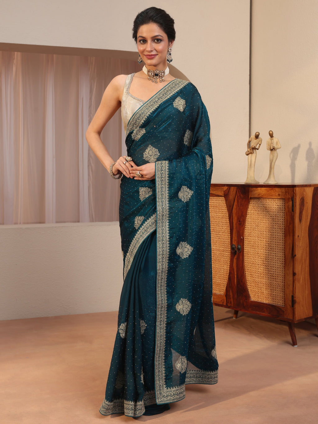 Teal Embellished Floral Motif Tissue Saree
