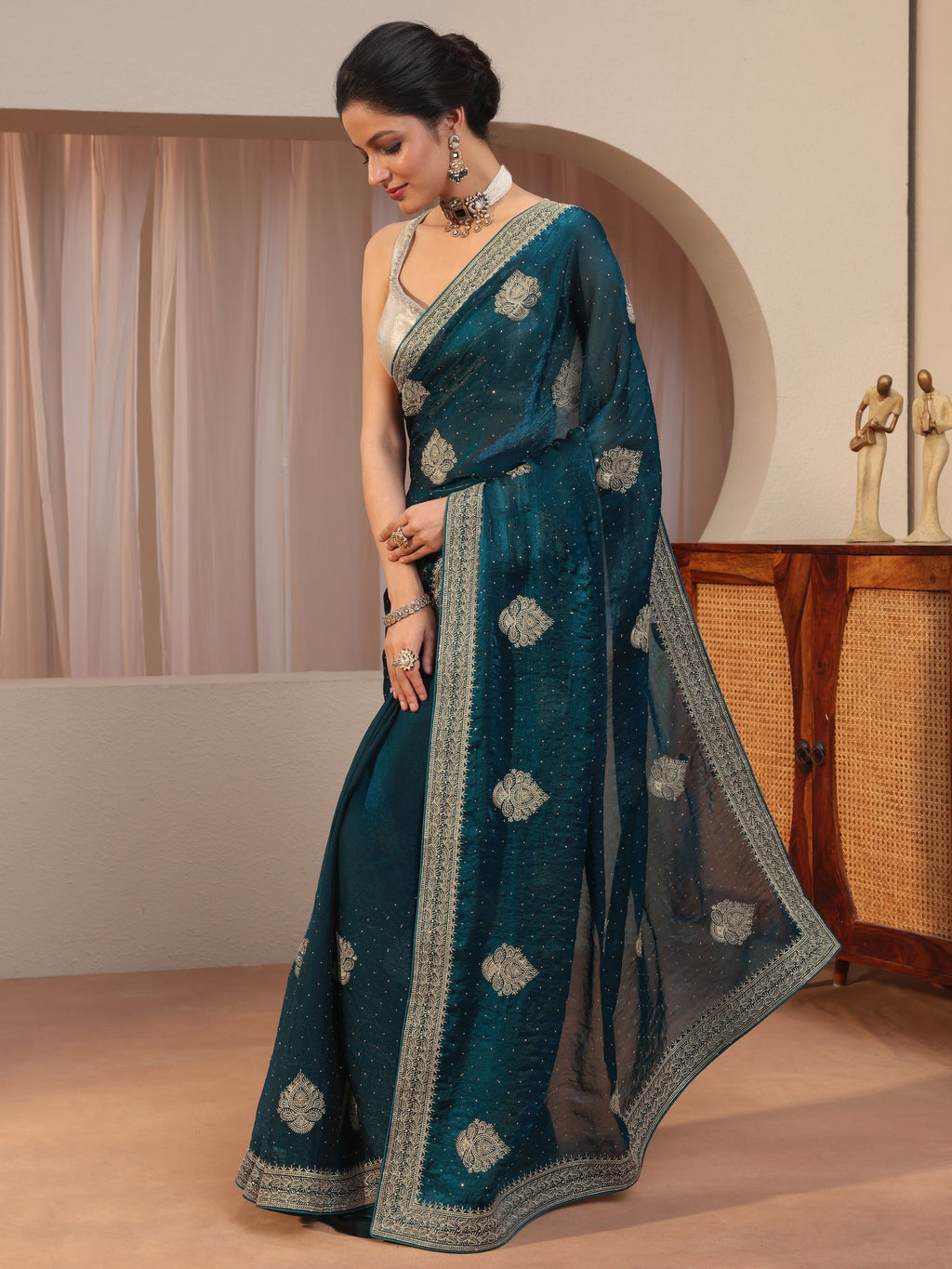 Teal Embellished Floral Motif Tissue Saree
