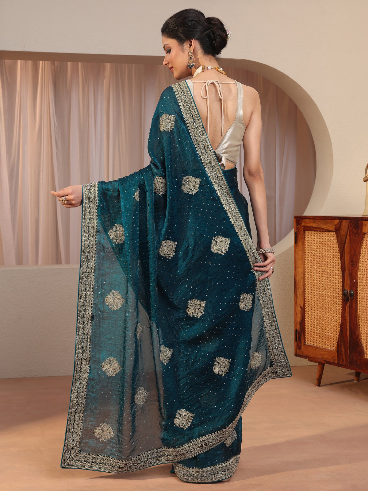 Teal Embellished Floral Motif Tissue Saree