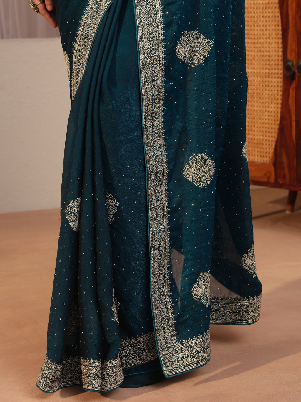 Teal Embellished Floral Motif Tissue Saree