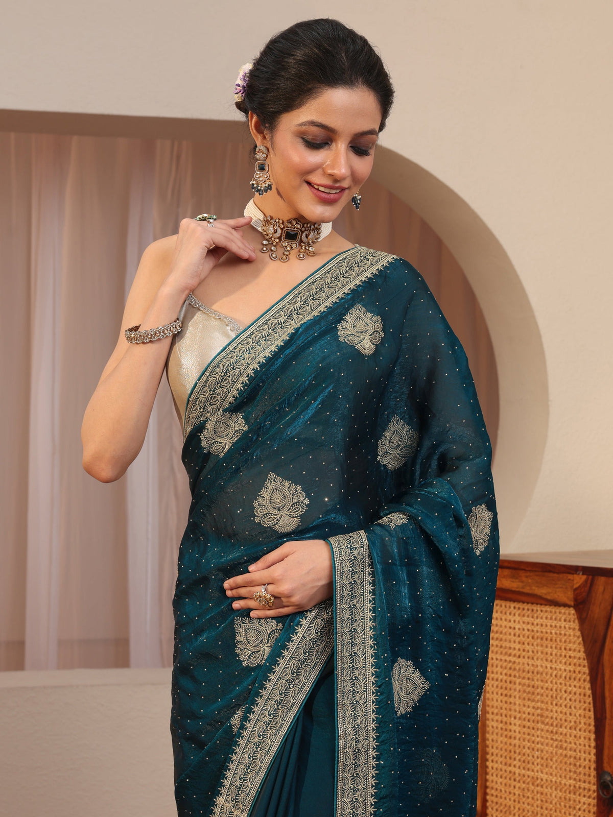 Teal Embellished Floral Motif Tissue Saree