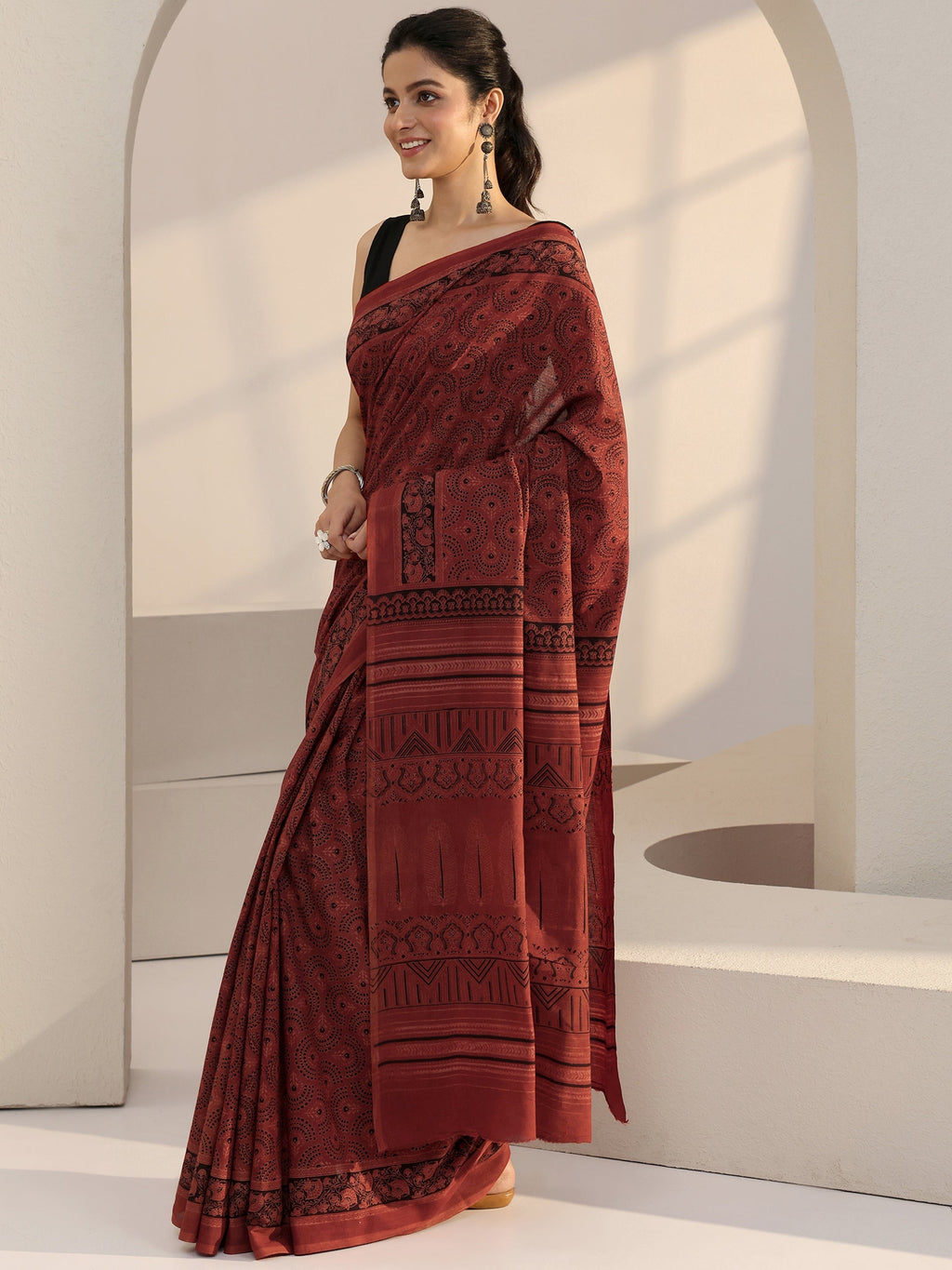 Rust Red Ajrakh Print Cotton Saree