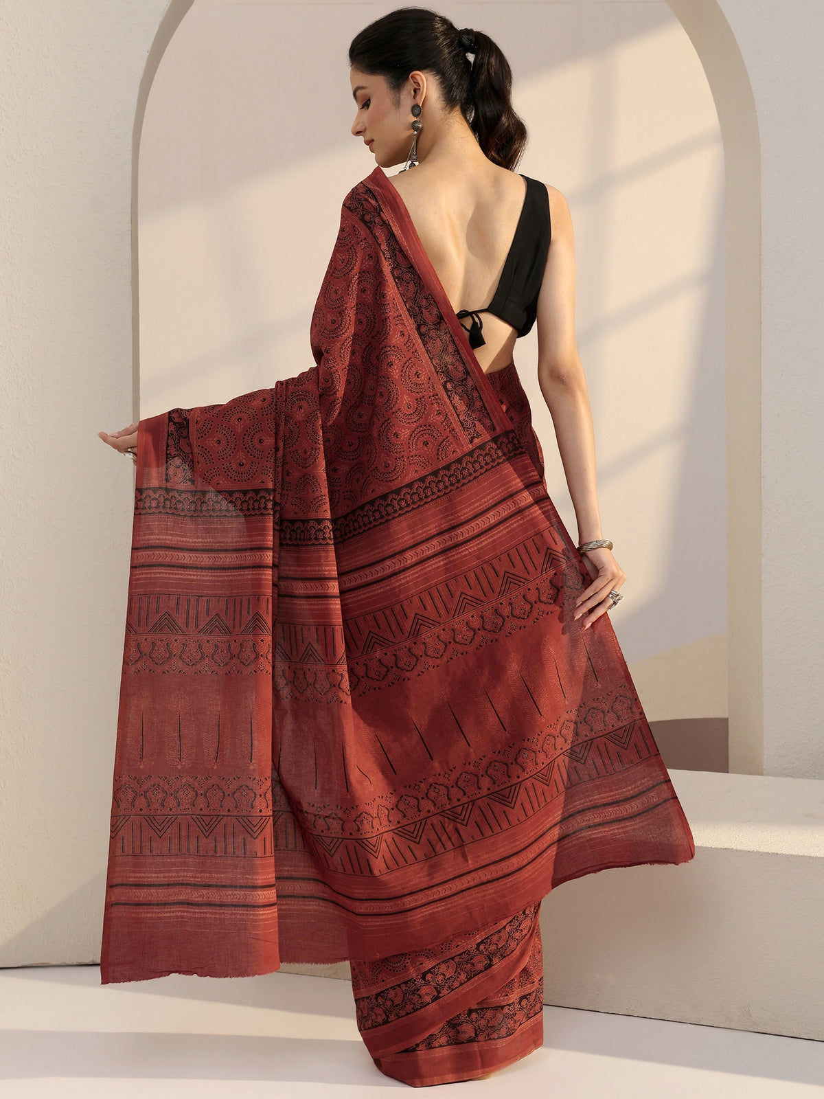 Rust Red Ajrakh Print Cotton Saree