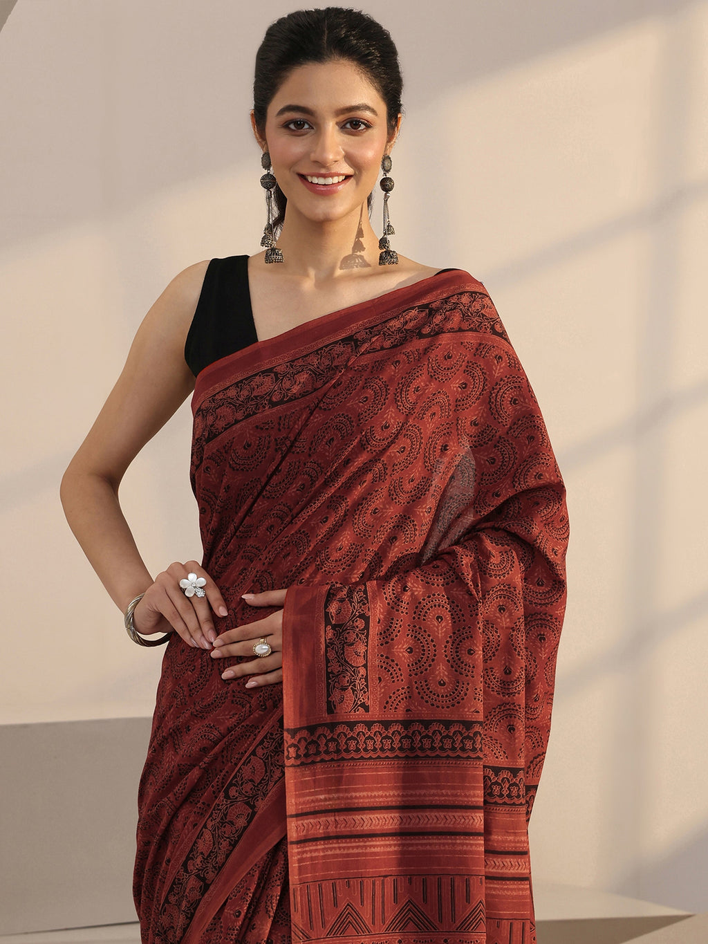 Rust Red Ajrakh Print Cotton Saree