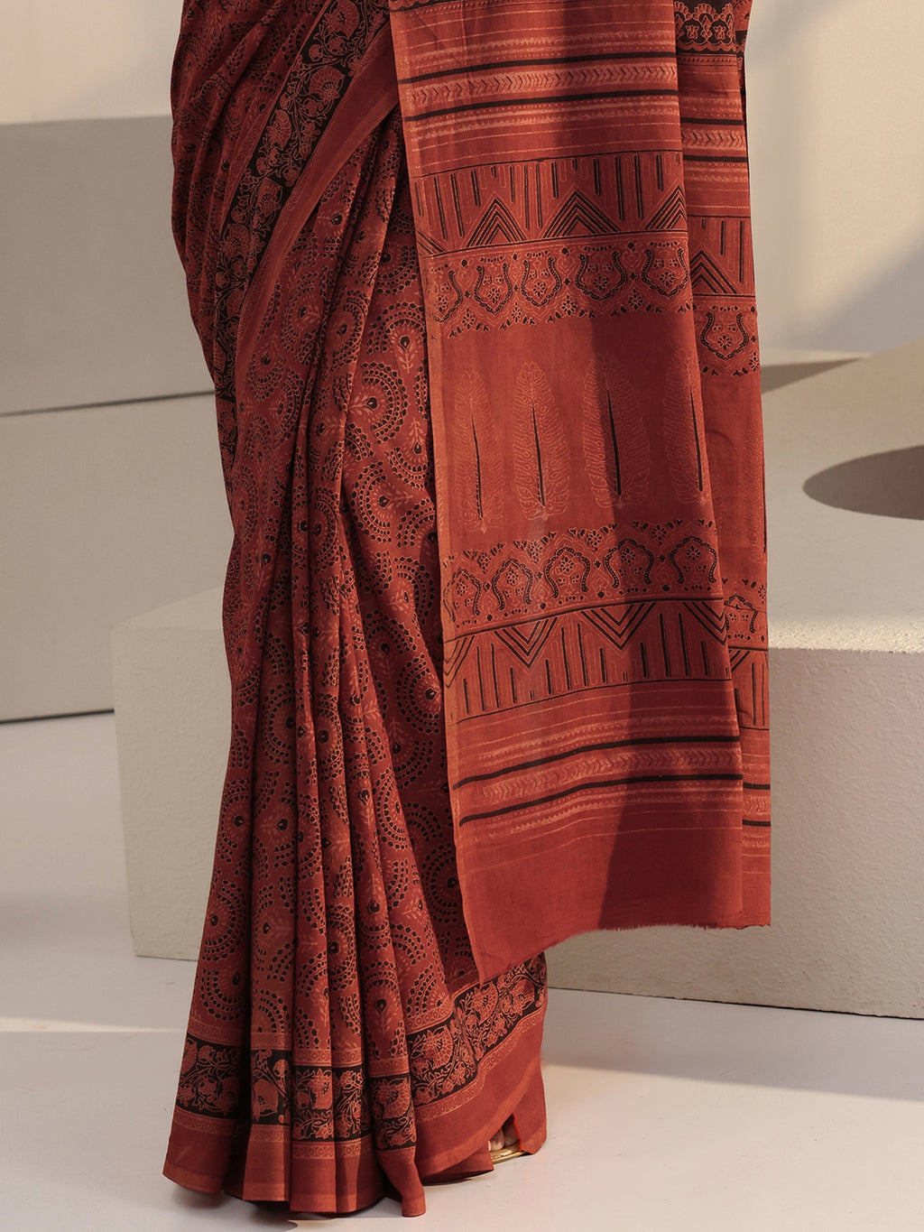 Rust Red Ajrakh Print Cotton Saree