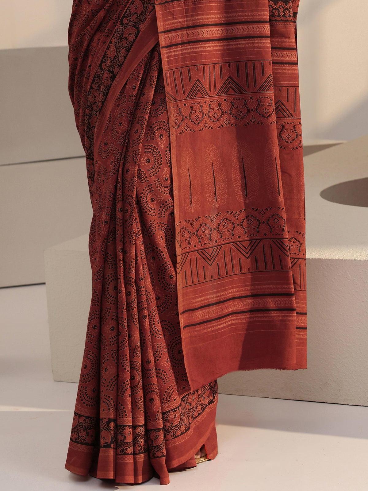 Rust Red Ajrakh Print Cotton Saree