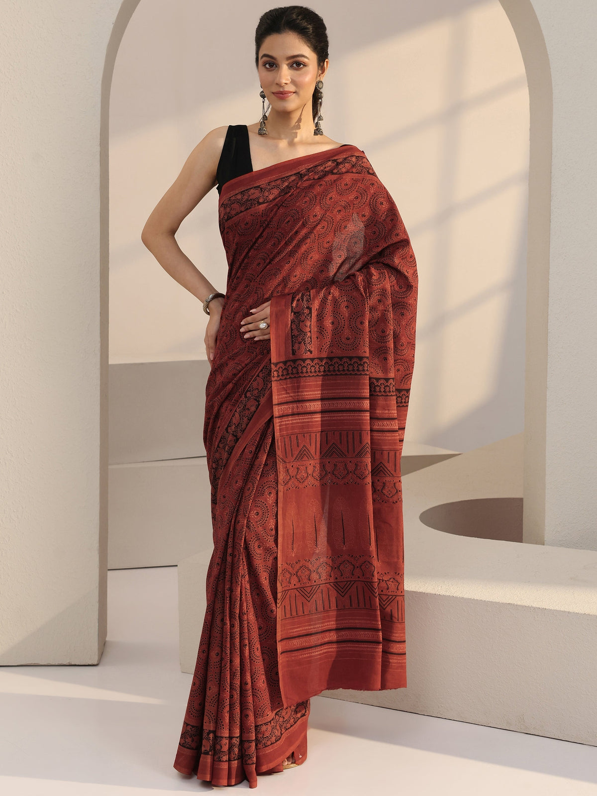 Rust Red Ajrakh Print Cotton Saree