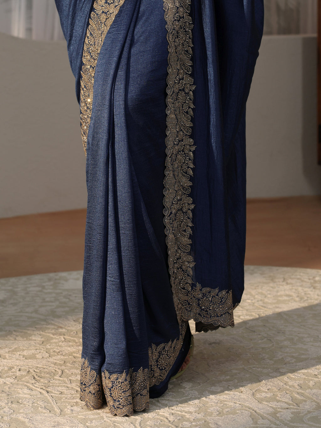 Dusty Blue Silk Blend Saree with Embellished Border