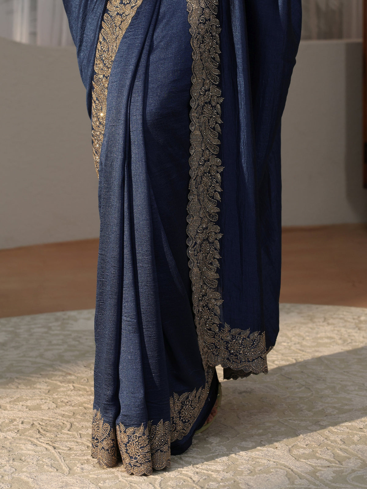 Dusty Blue Silk Blend Saree with Embellished Border