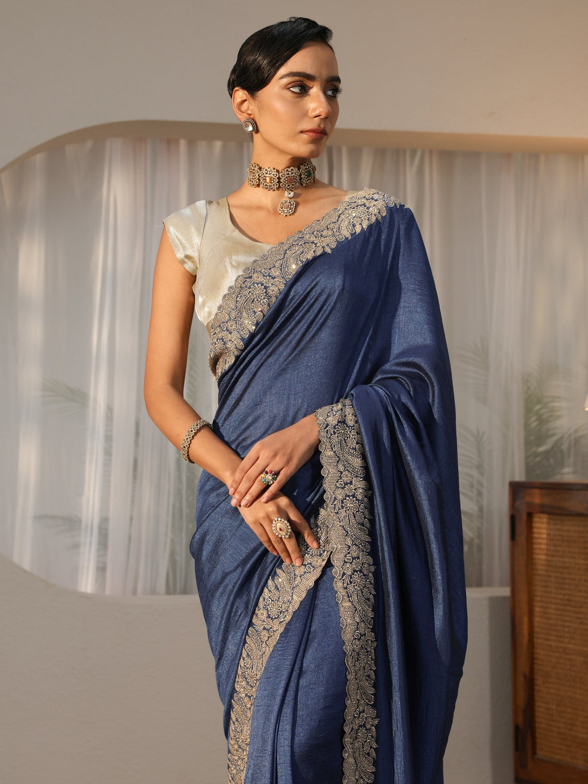 Dusty Blue Silk Blend Saree with Embellished Border