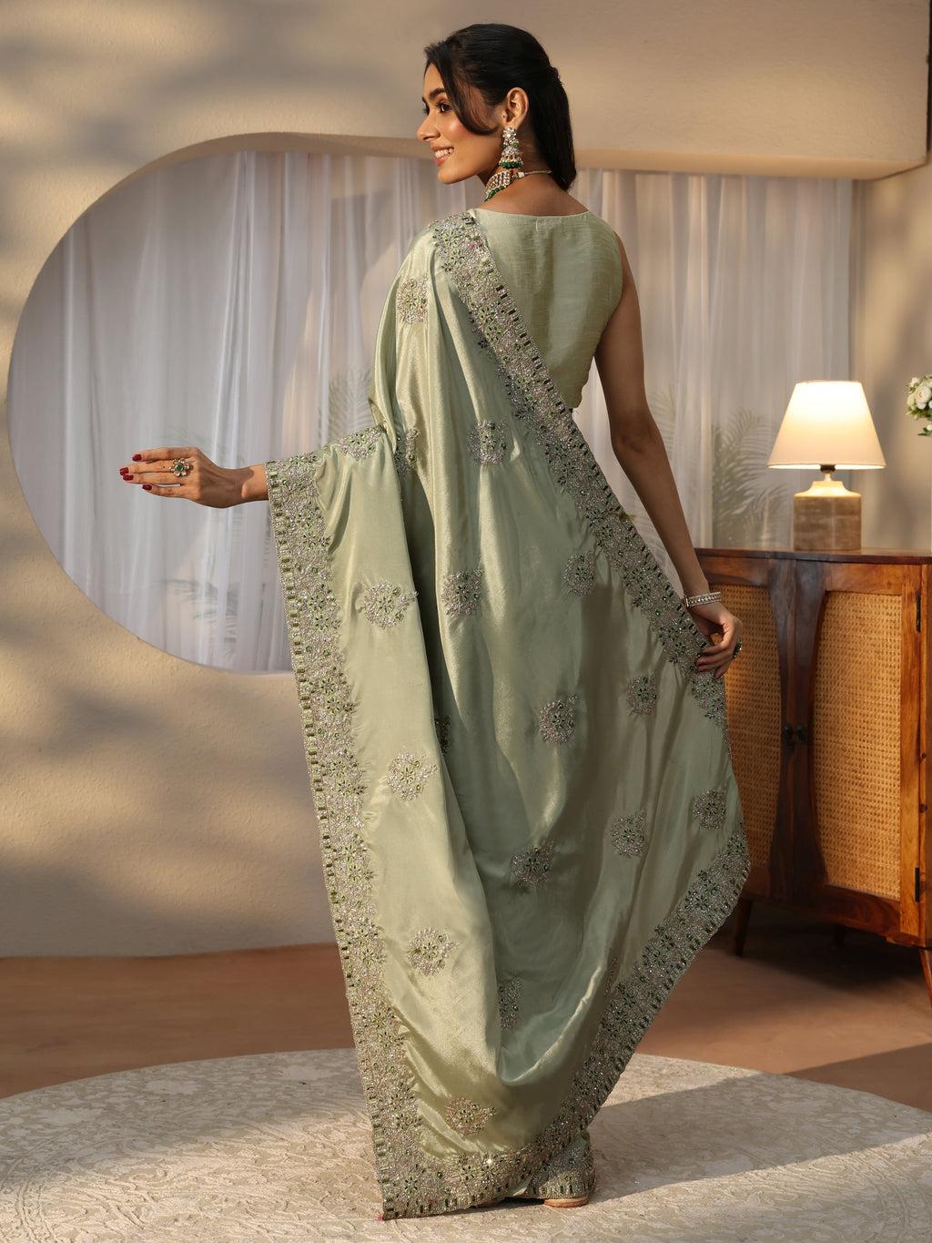 Dusty Green Floral Embroidered Satin Saree