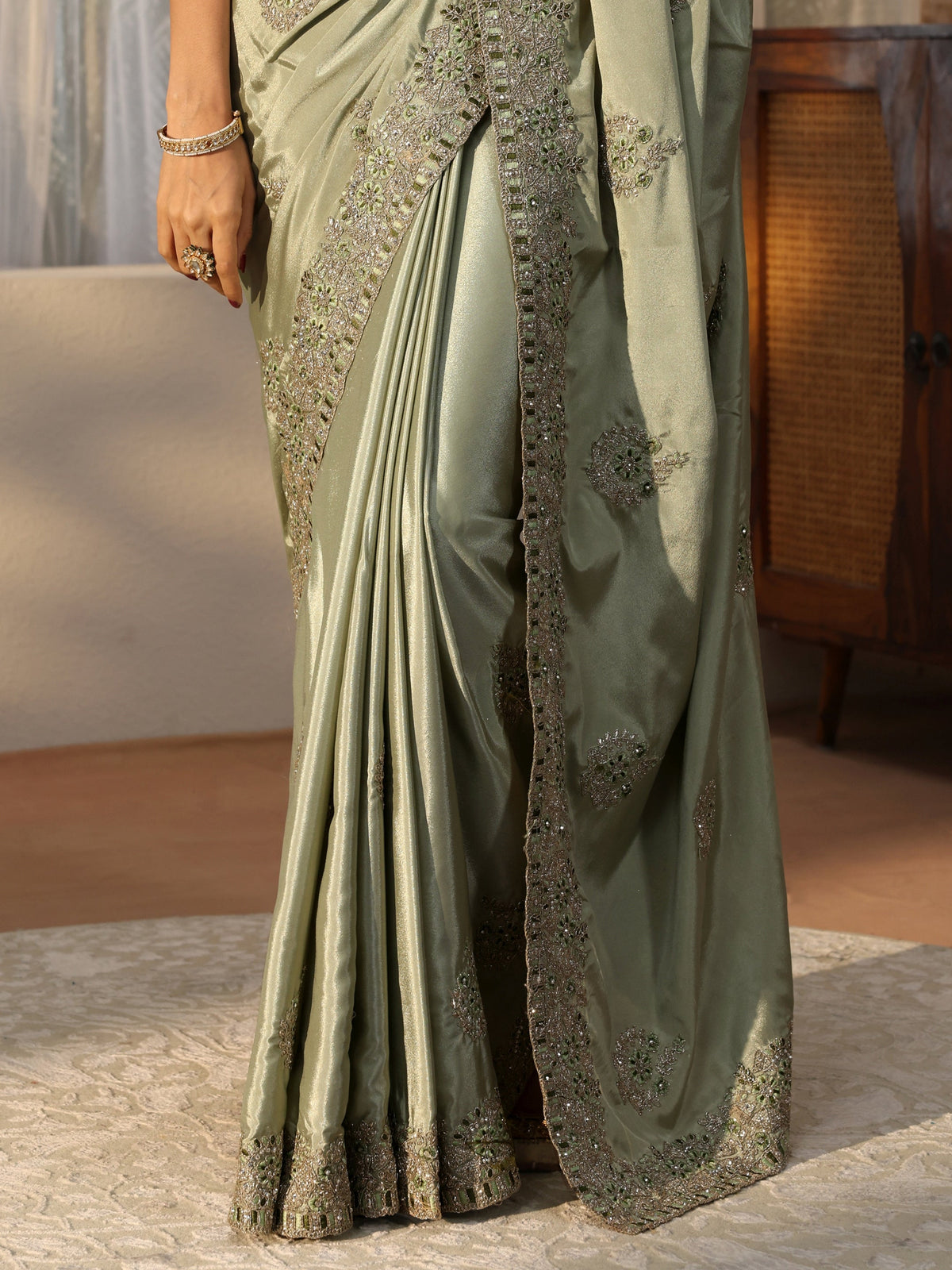 Dusty Green Floral Embroidered Satin Saree