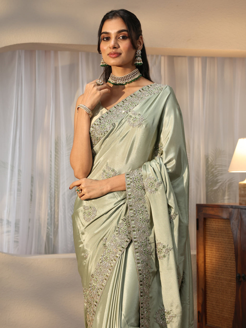 Dusty Green Floral Embroidered Satin Saree