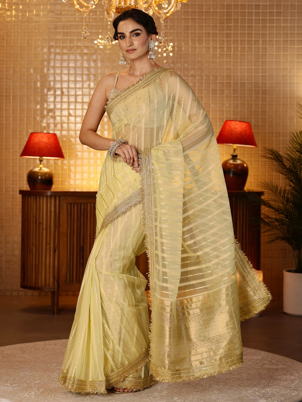 Gold Striped Woven Design Tissue Saree