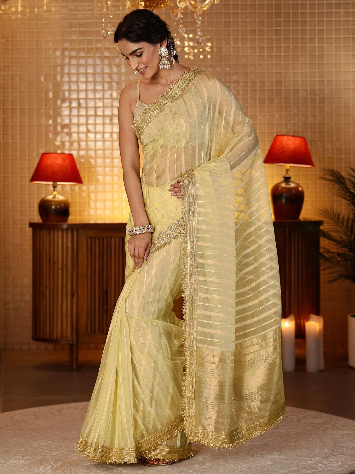 Gold Striped Woven Design Tissue Saree
