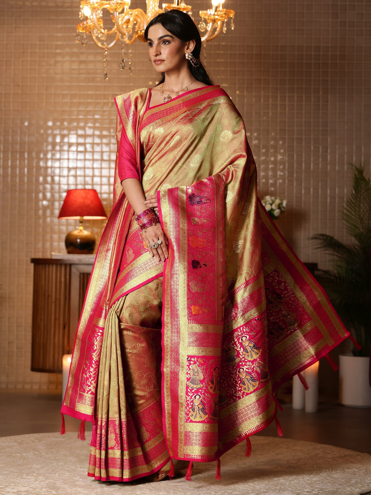 Mustard Floral Woven Design Silk Blend Saree