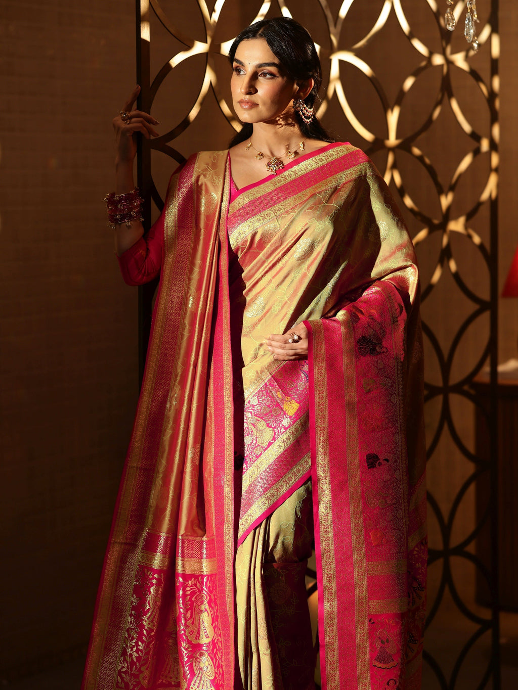 Mustard Floral Woven Design Silk Blend Saree