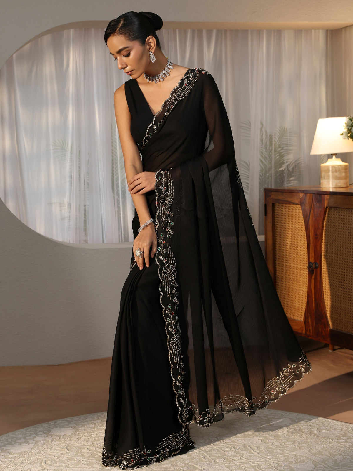 Black Silk Blend Saree with Embellished Border