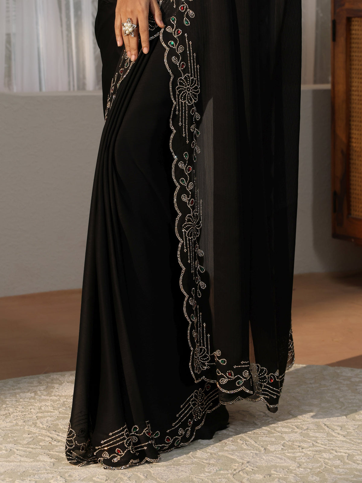 Black Silk Blend Saree with Embellished Border