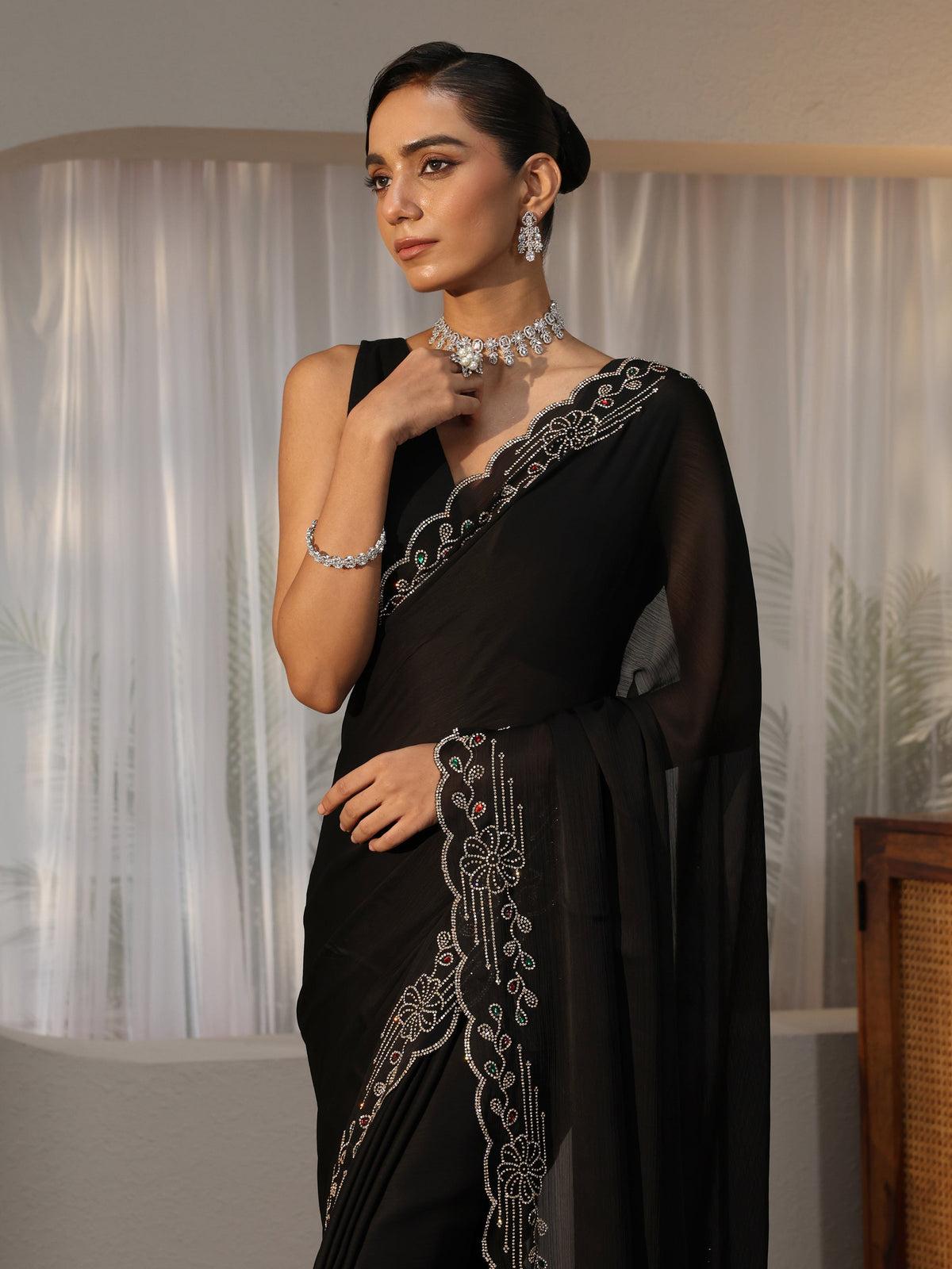 Black Silk Blend Saree with Embellished Border