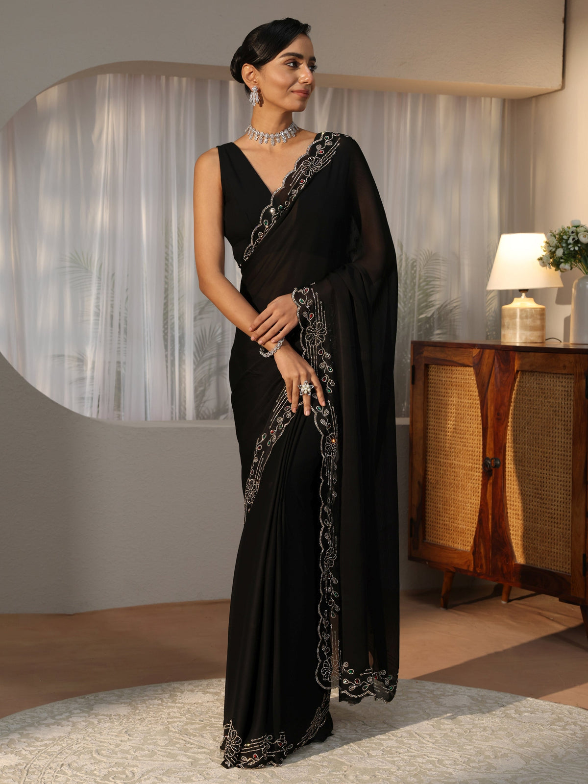 Black Silk Blend Saree with Embellished Border