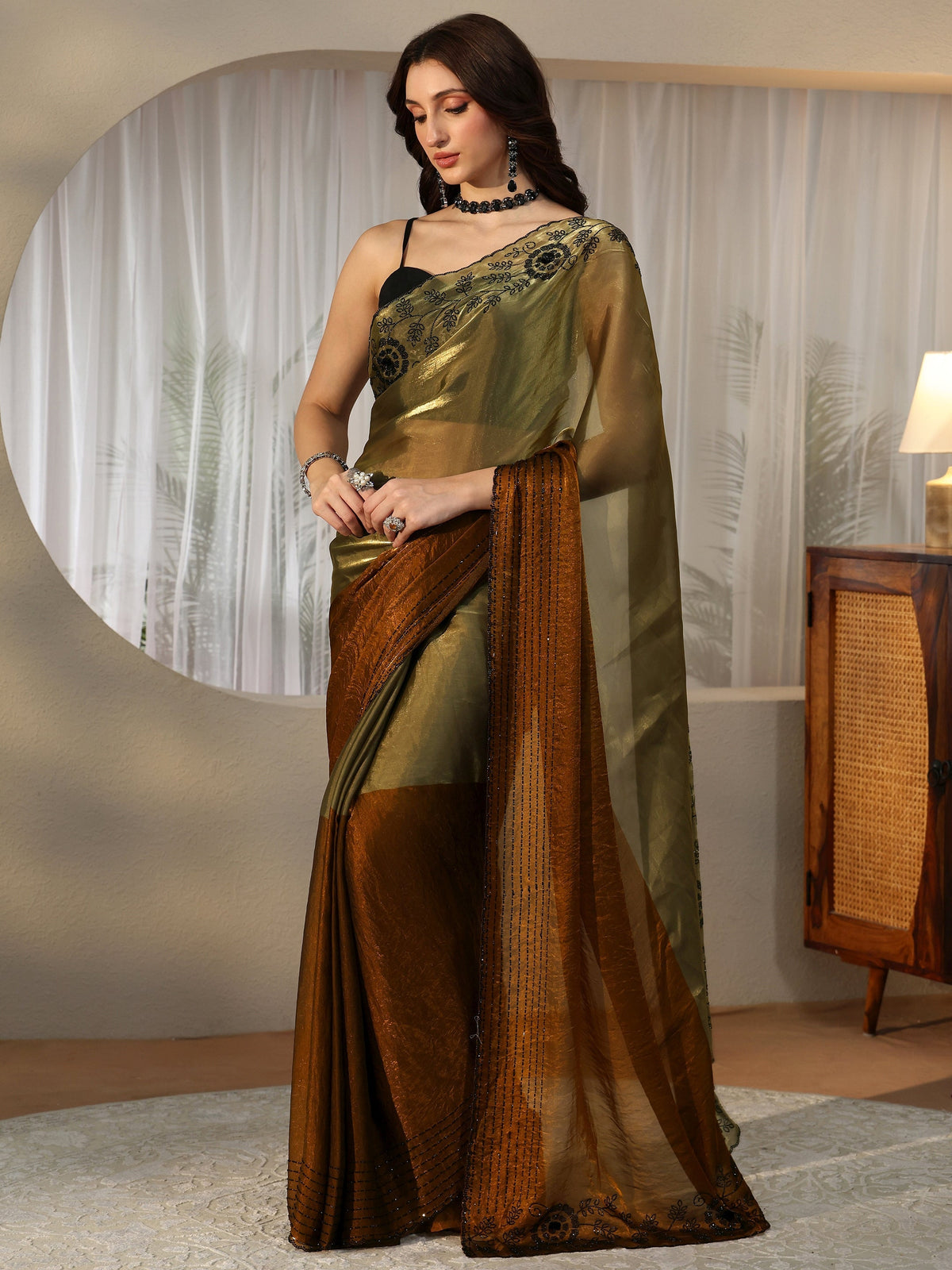 Olive Green and Olive Brown Colour Block Tissue Saree