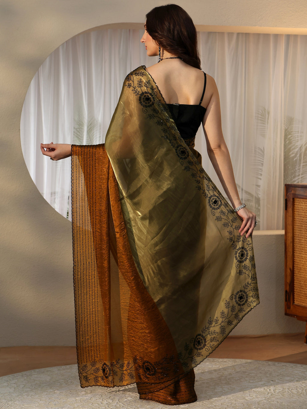 Olive Green and Olive Brown Colour Block Tissue Saree