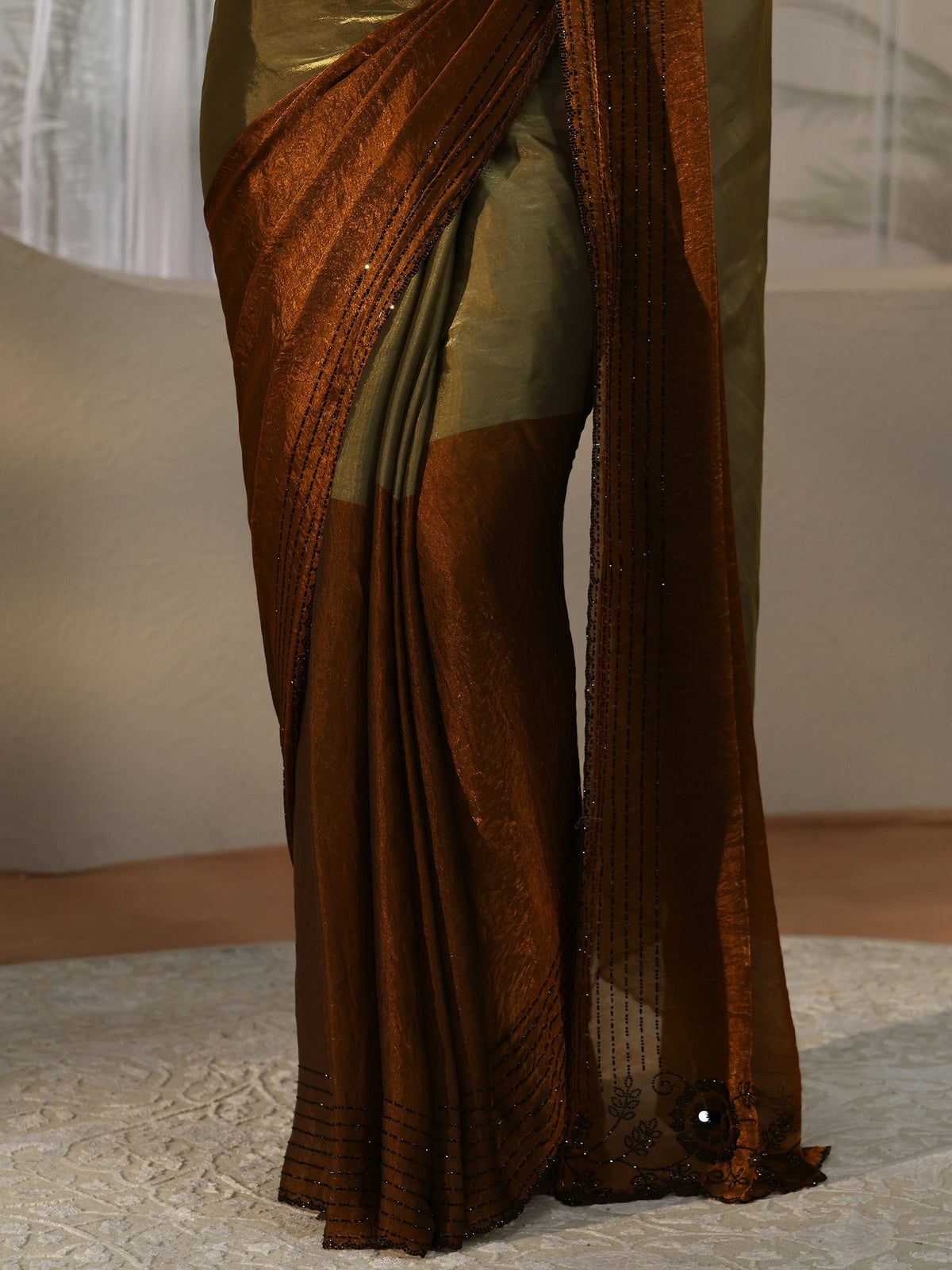 Olive Green and Olive Brown Colour Block Tissue Saree