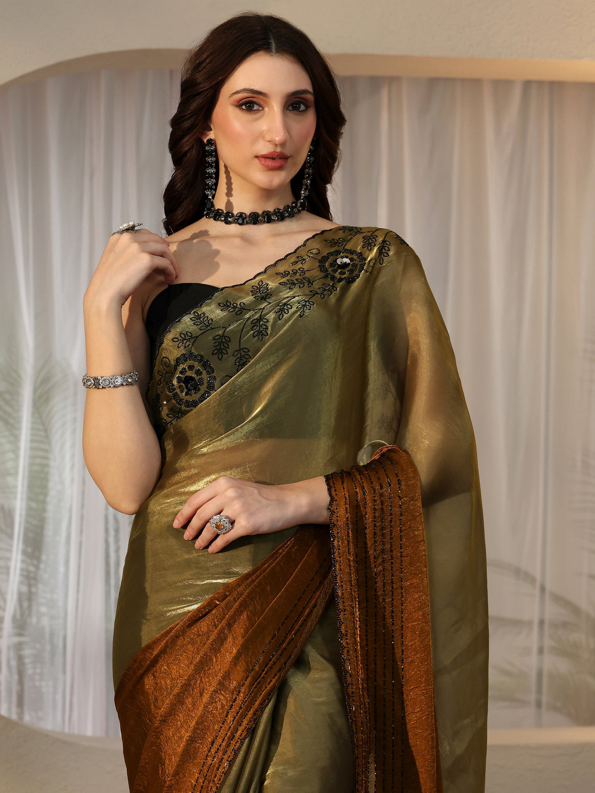 Olive Green and Olive Brown Colour Block Tissue Saree