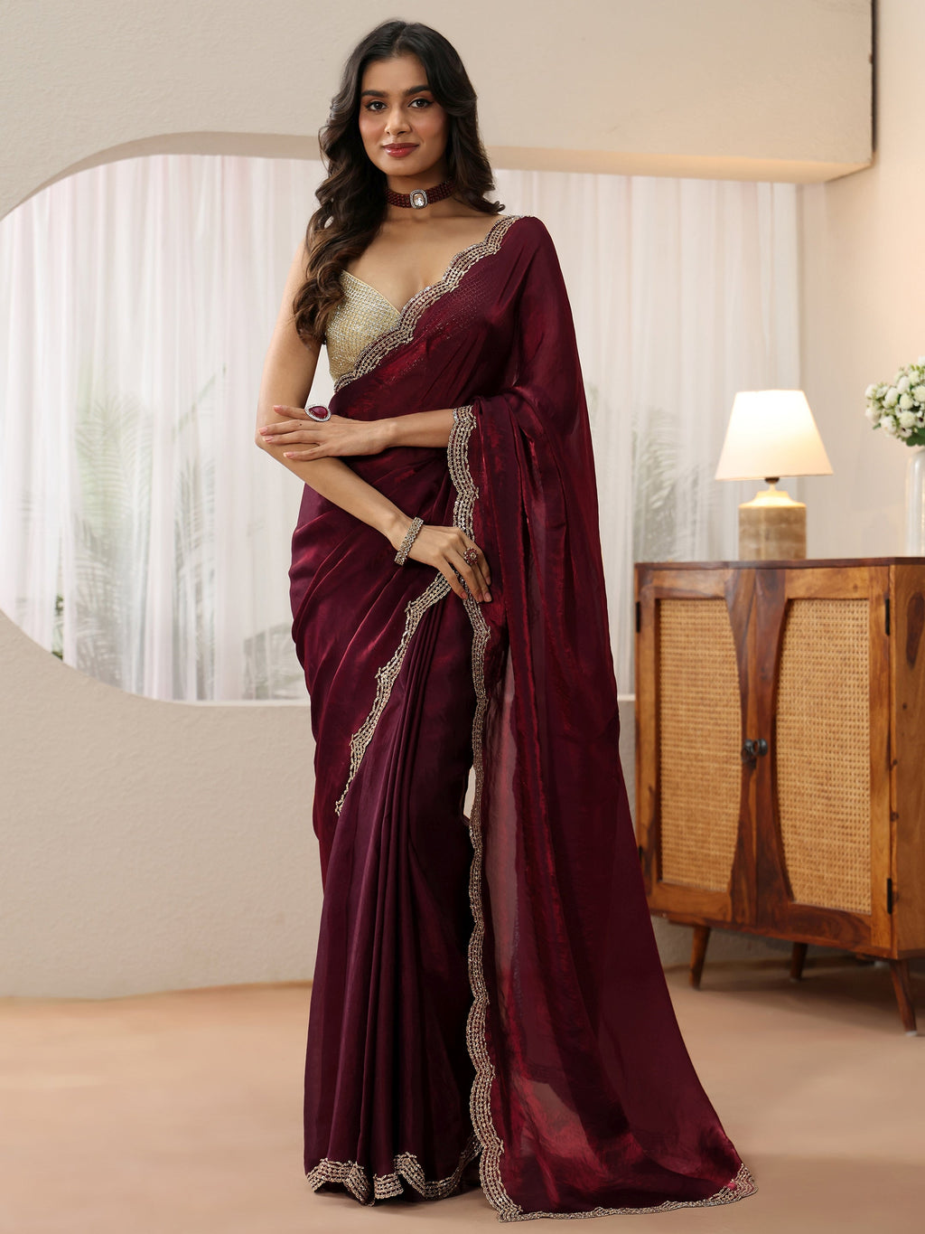 Maroon Silk Blend Saree