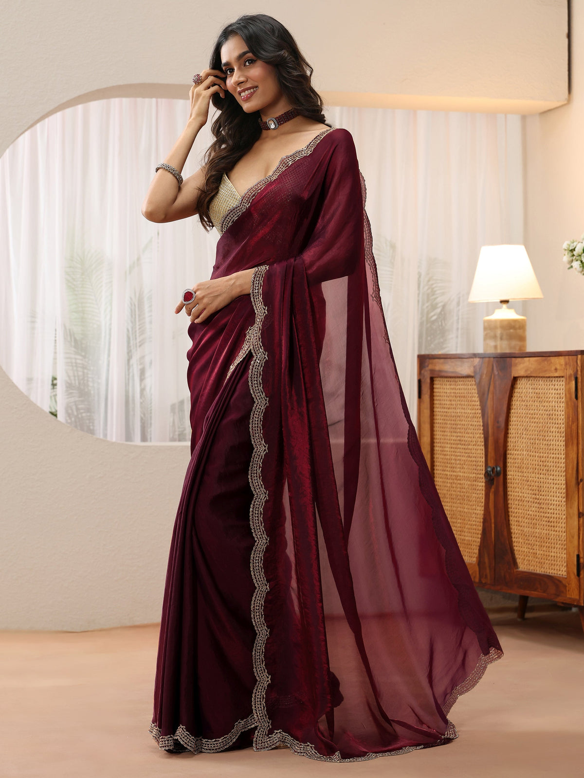 Maroon Silk Blend Saree