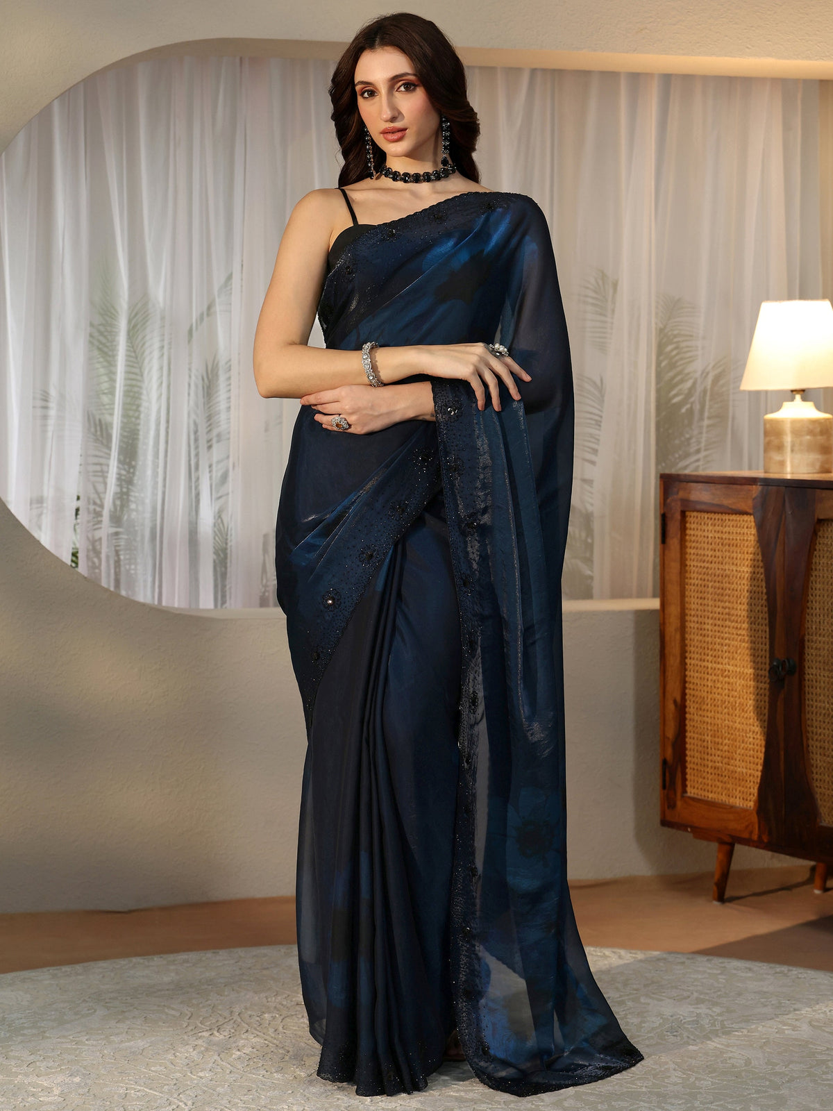Peacock Blue Floral Silk Blend Saree