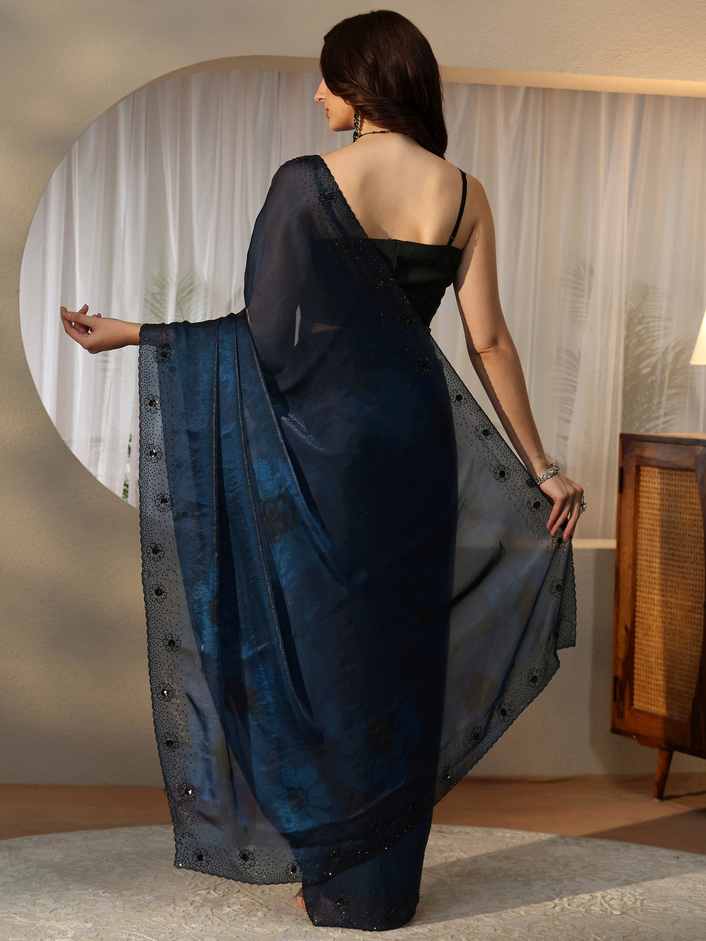 Peacock Blue Floral Silk Blend Saree