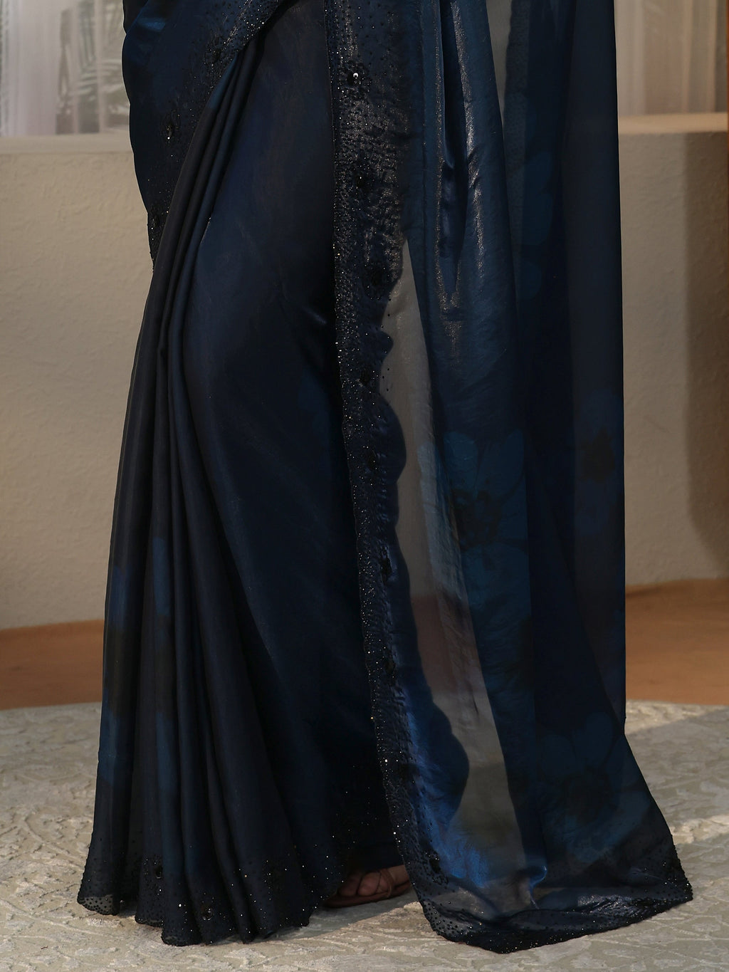 Peacock Blue Floral Silk Blend Saree