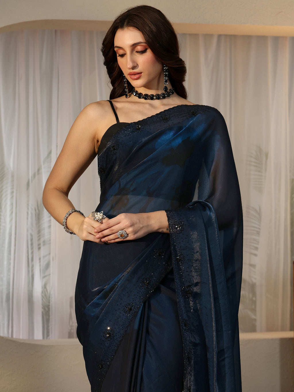 Peacock Blue Floral Silk Blend Saree