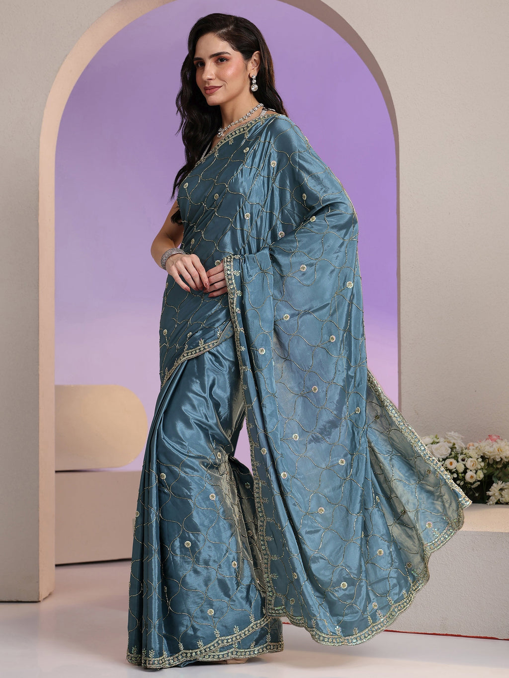 Dusty Blue Embellished Silk Blend Saree
