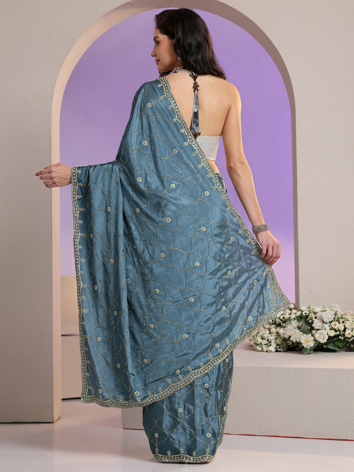 Dusty Blue Embellished Silk Blend Saree