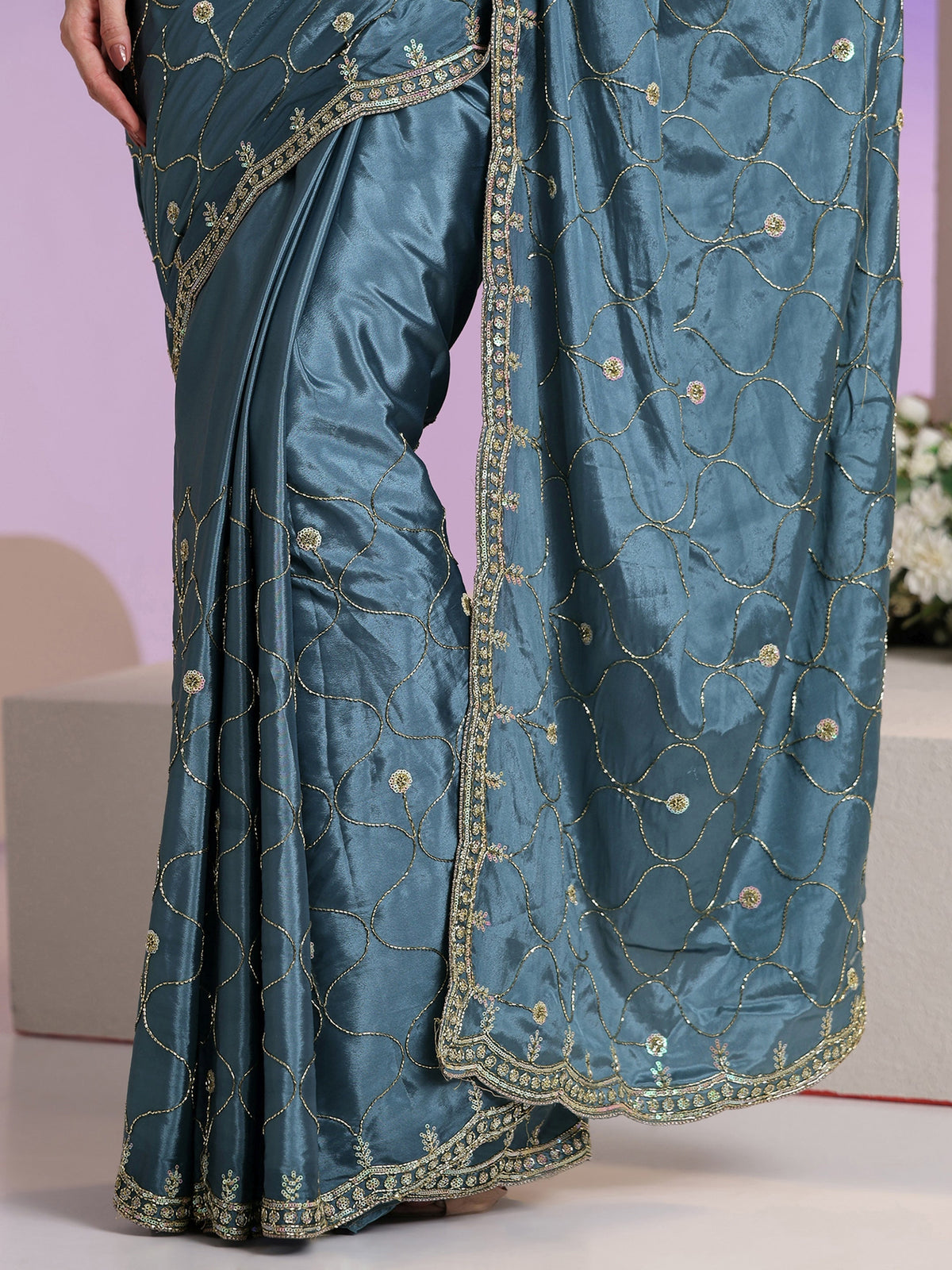 Dusty Blue Embellished Silk Blend Saree
