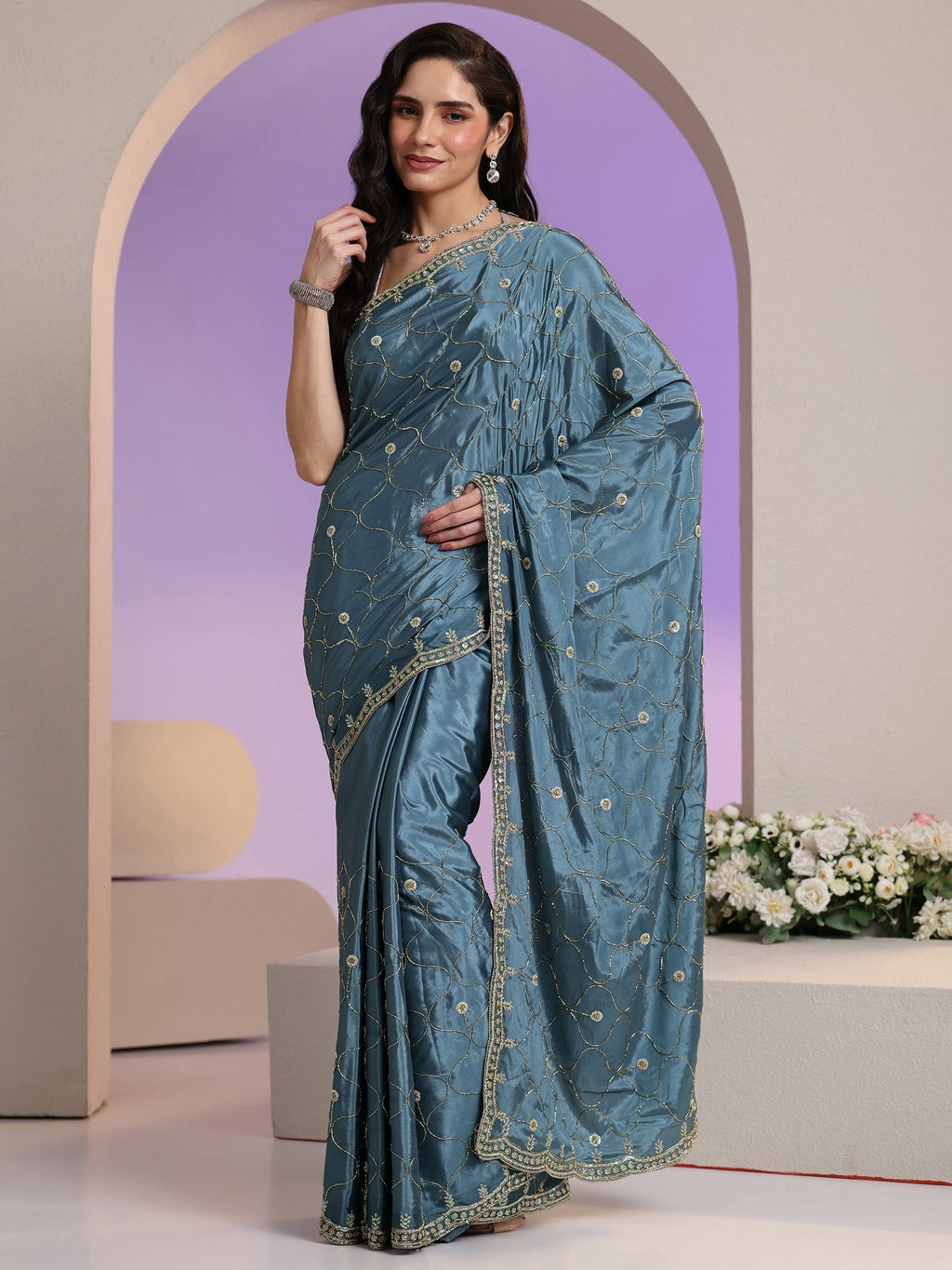 Dusty Blue Embellished Silk Blend Saree