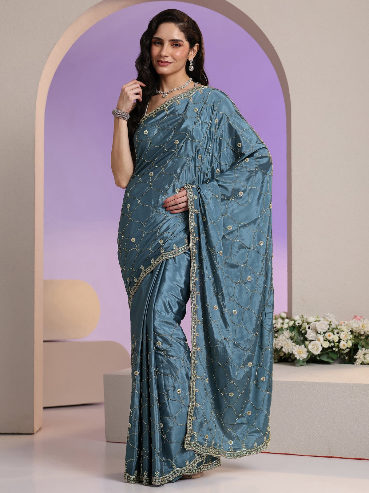Dusty Blue Embellished Silk Blend Saree