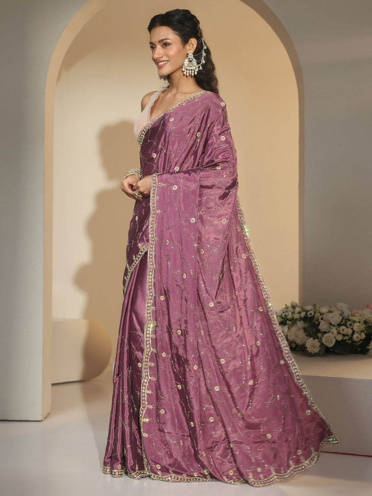 Mauve Embellished Silk Blend Saree