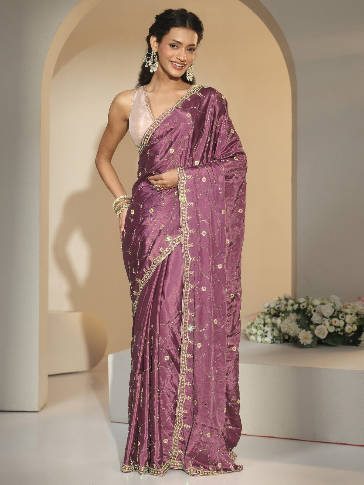Mauve Embellished Silk Blend Saree