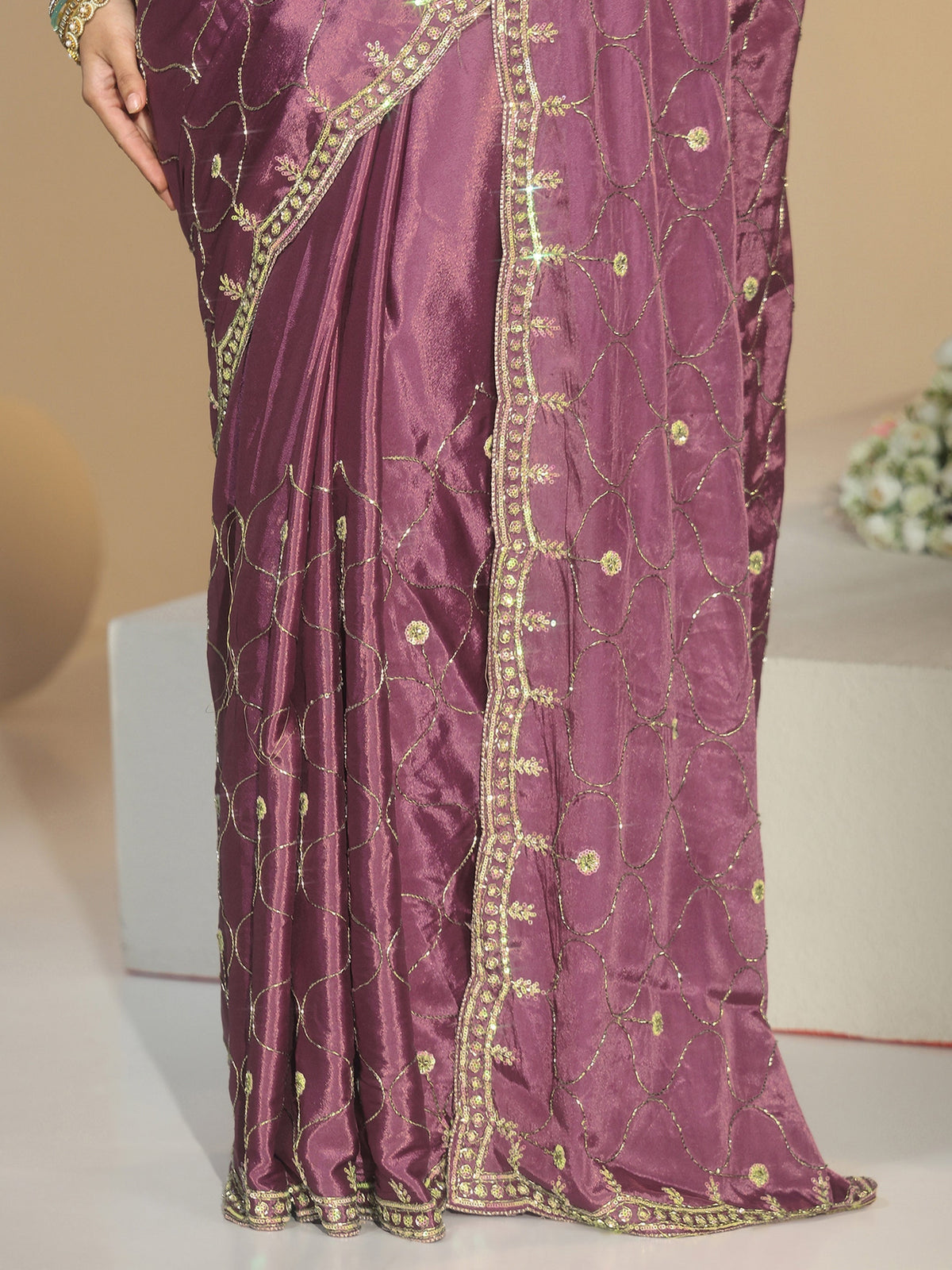 Mauve Embellished Silk Blend Saree